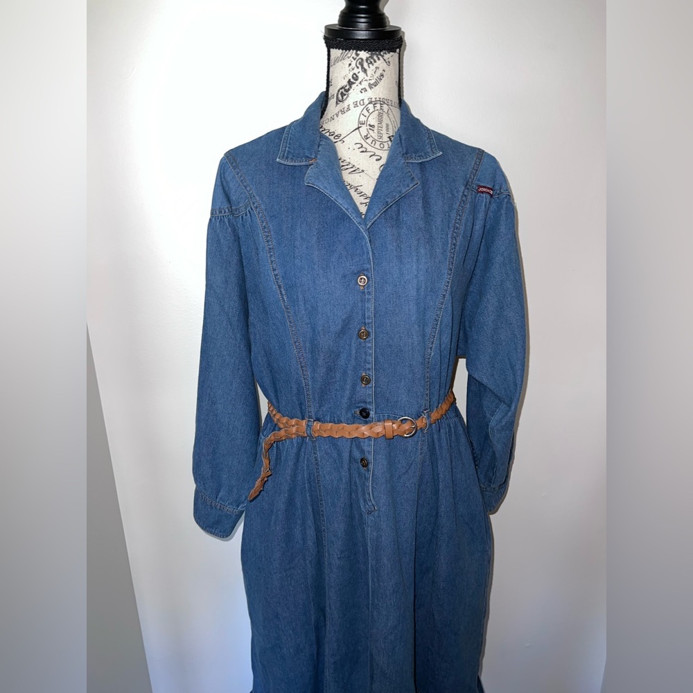 Jordache 80s Vintage Denim Prairie Dress Button Front Ruffle Hem Belted 15/16 - Picture 3 of 13